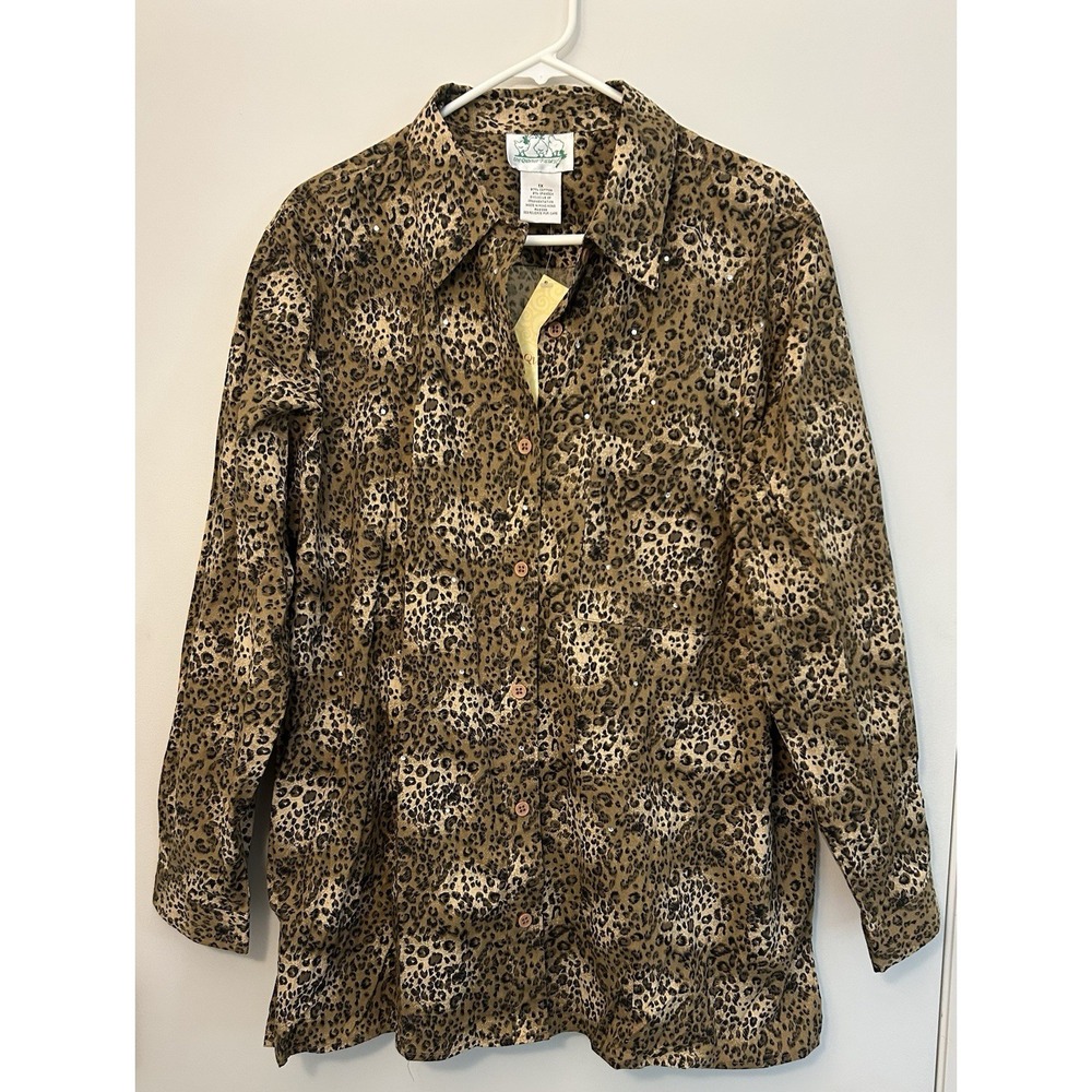 Quacker Factory Brown Animal Print Button Front Shirt Blouse Stretch Womens 1X